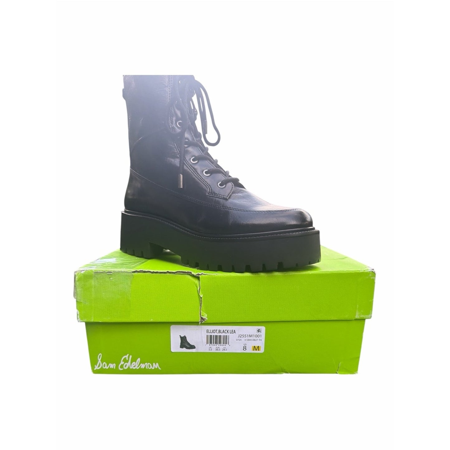 Sam Edelman Elliott Black Leather Platform Combat Boots Lug Sole NIB Size 8