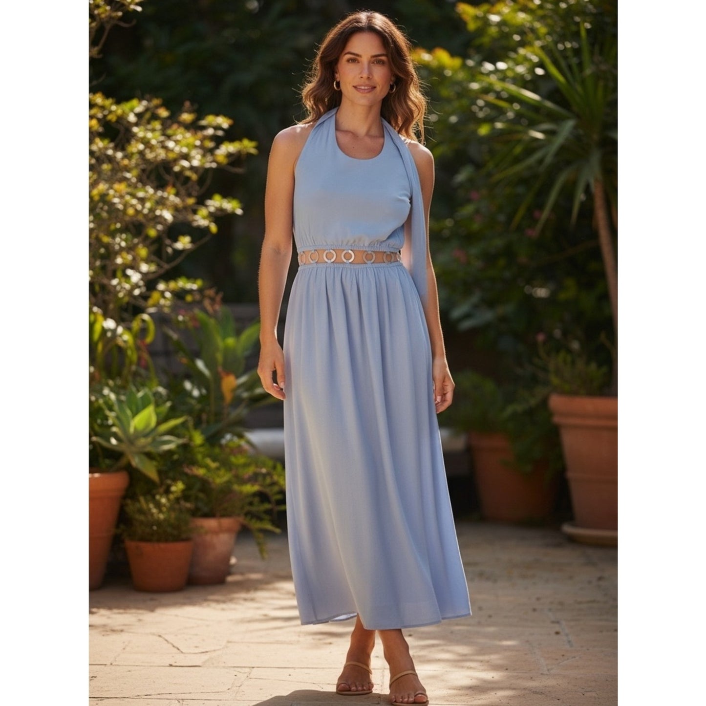 Tiare Hawaii Tidal Wave Maxi Dress Blue Medium | Mother of Pearl Shell Cutouts Med