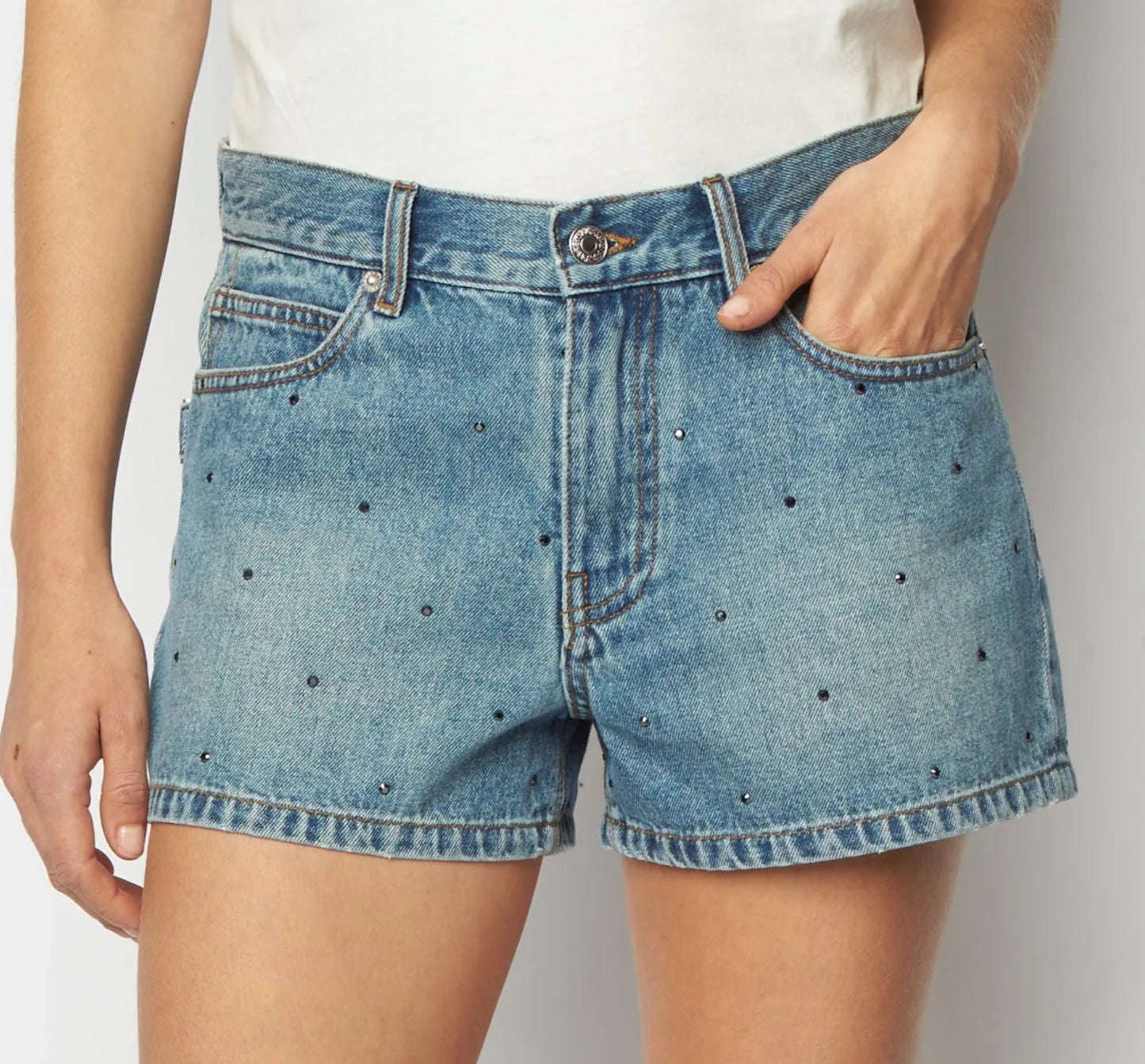 Designer Rhinestone-Embellished Denim Shorts EU Size 42