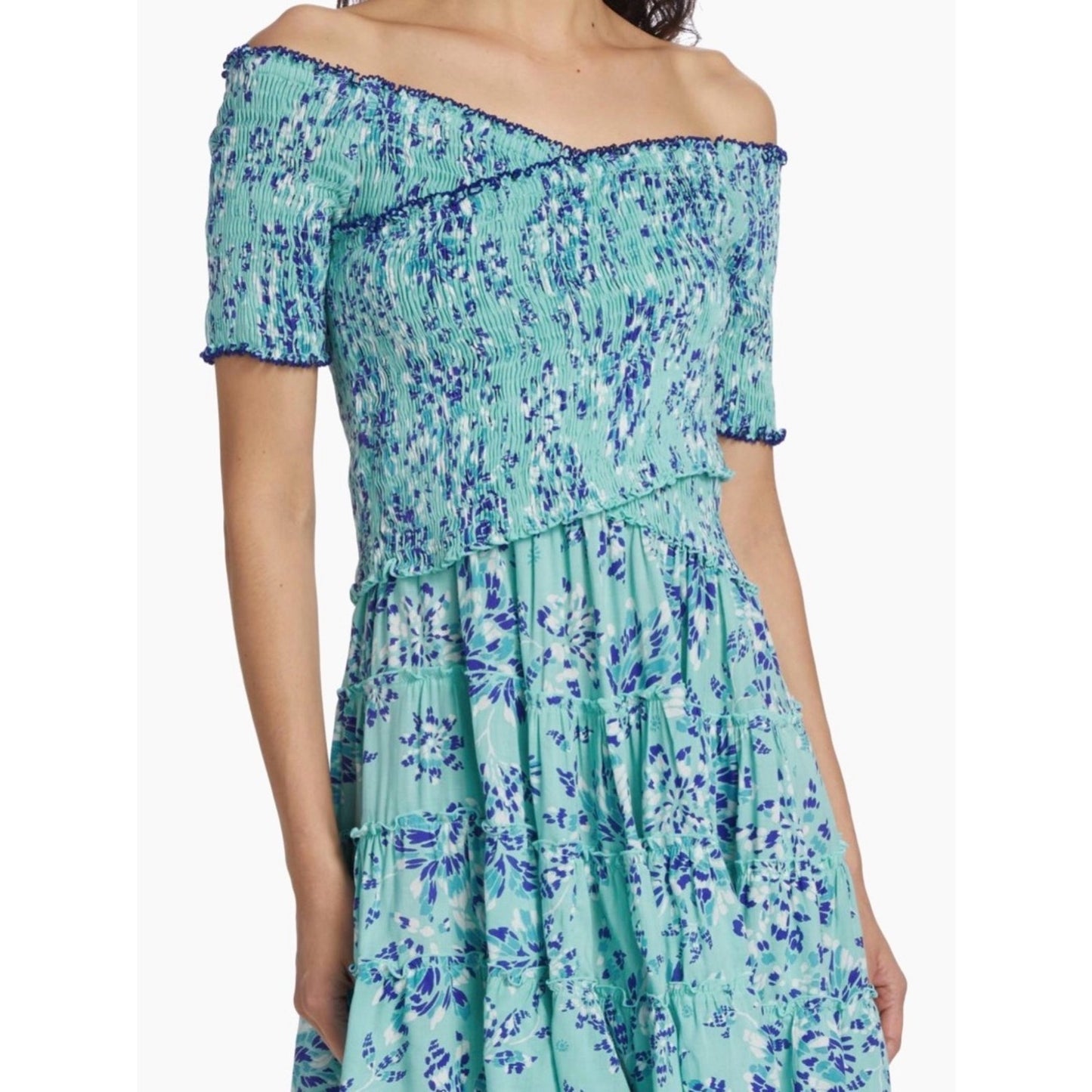 NWT Poupette St Barth Soledad Blue Aquarelle Cotton Plumeti Mini Dress M