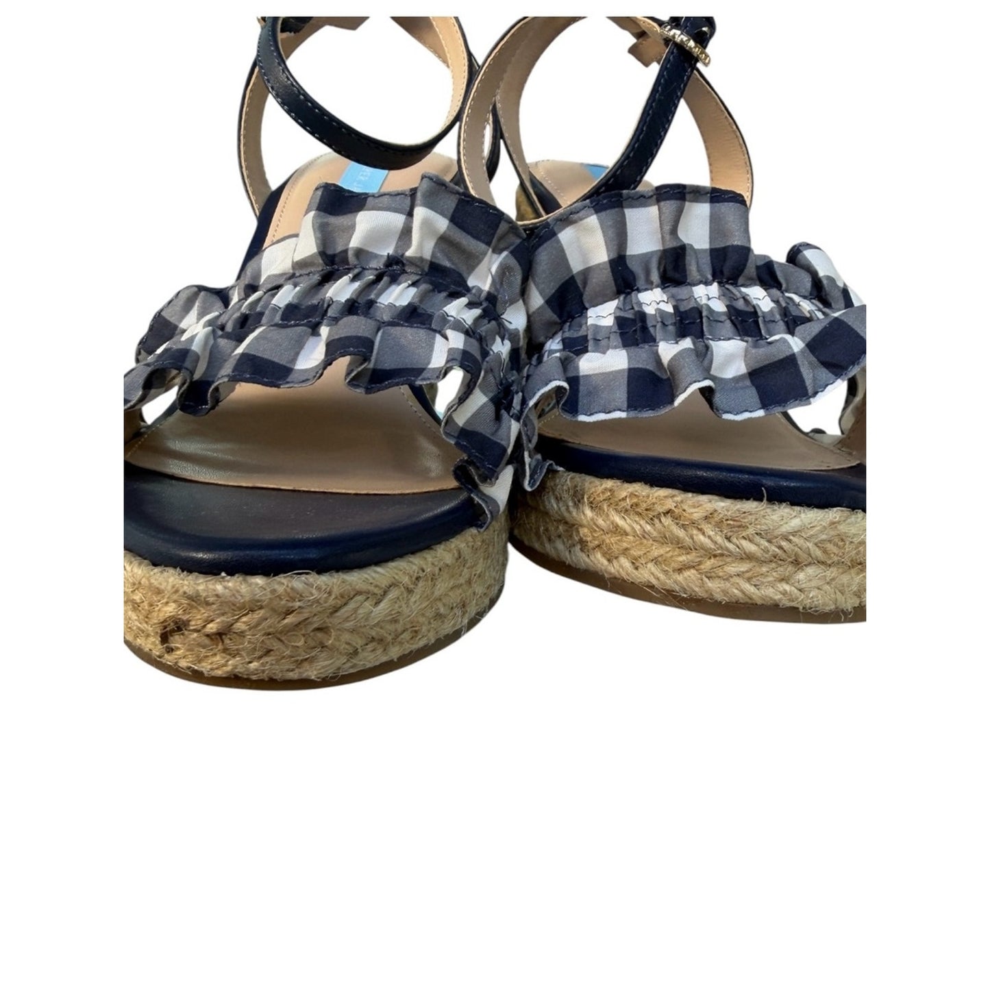 Draper James Abigail Navy Gingham Ruffle Espadrille Wedge Sandals NIB Size 7