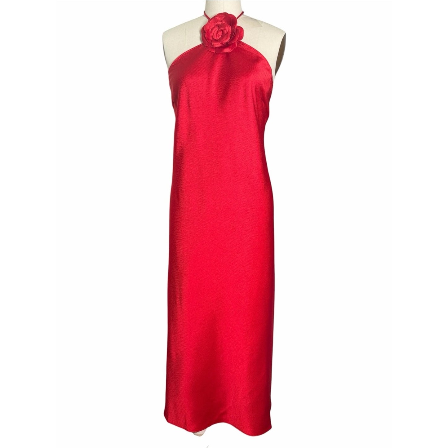 Lucy Paris Red Halter Maxi Dress XL NWT Open Back Removable Rosette