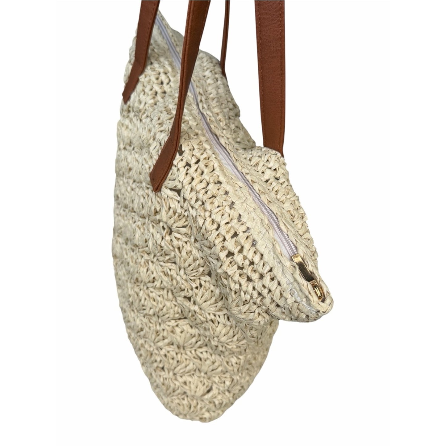 NWT BTB Los Angeles Raffia Woven Tote Bag Leather Straps Zip Top Beach Resort