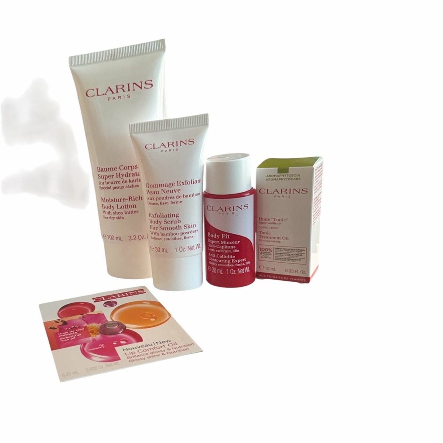Clarins Body Care Gift Set Full Size Lotion + Scrub + Body Fit + Oil + Pouch NEW