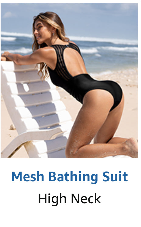 Navy Blue One - Piece Swimsuit With Black Mesh At Back