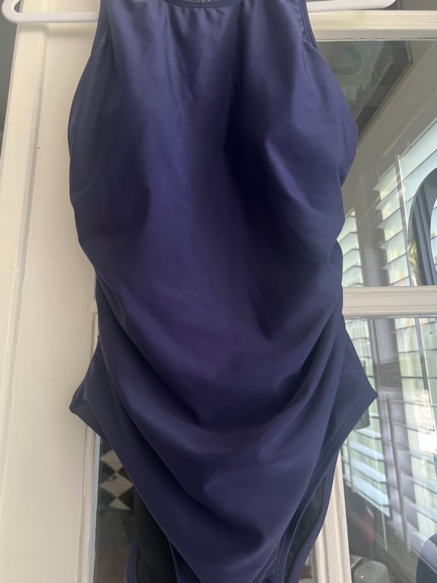 Navy Blue One - Piece Swimsuit With Black Mesh At Back