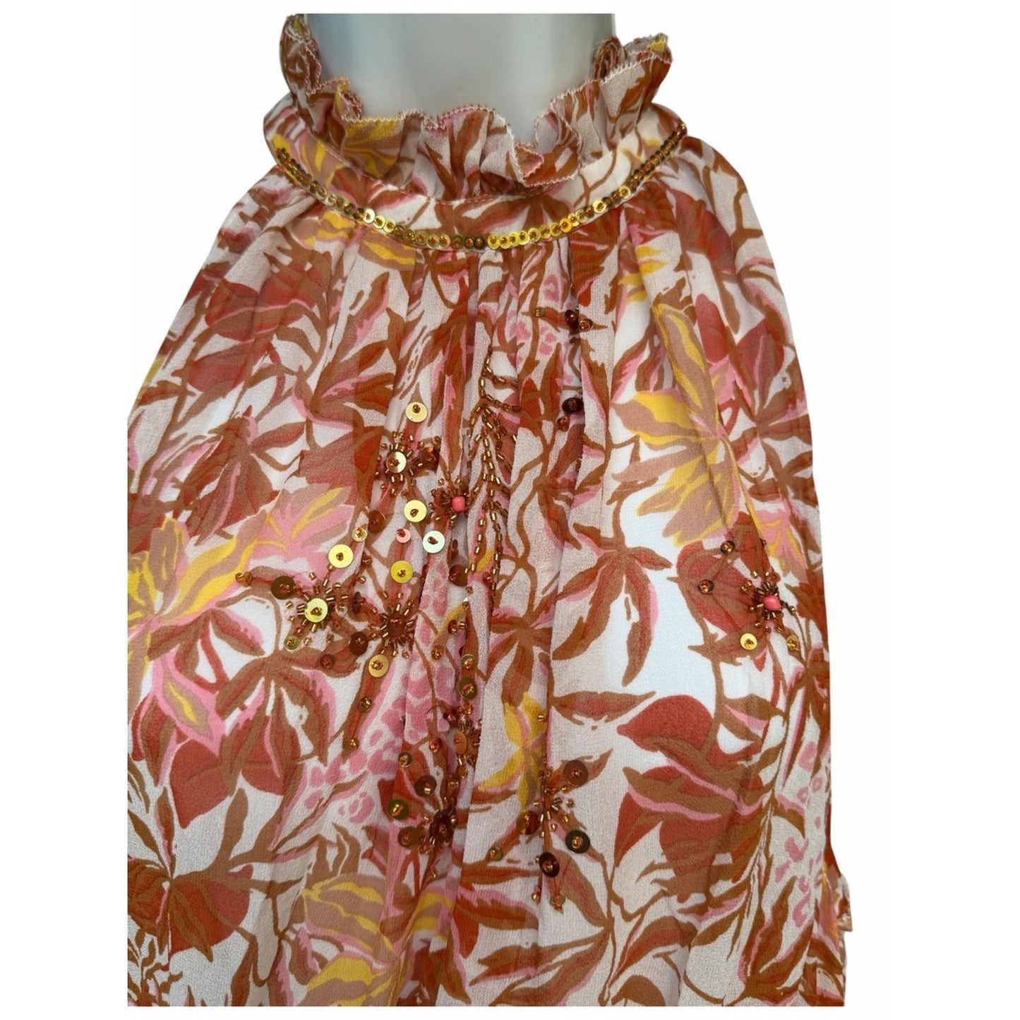 Poupette St Barth Bianca Gold Orchid Beaded Silk Chiffon Resort Halter Dress L