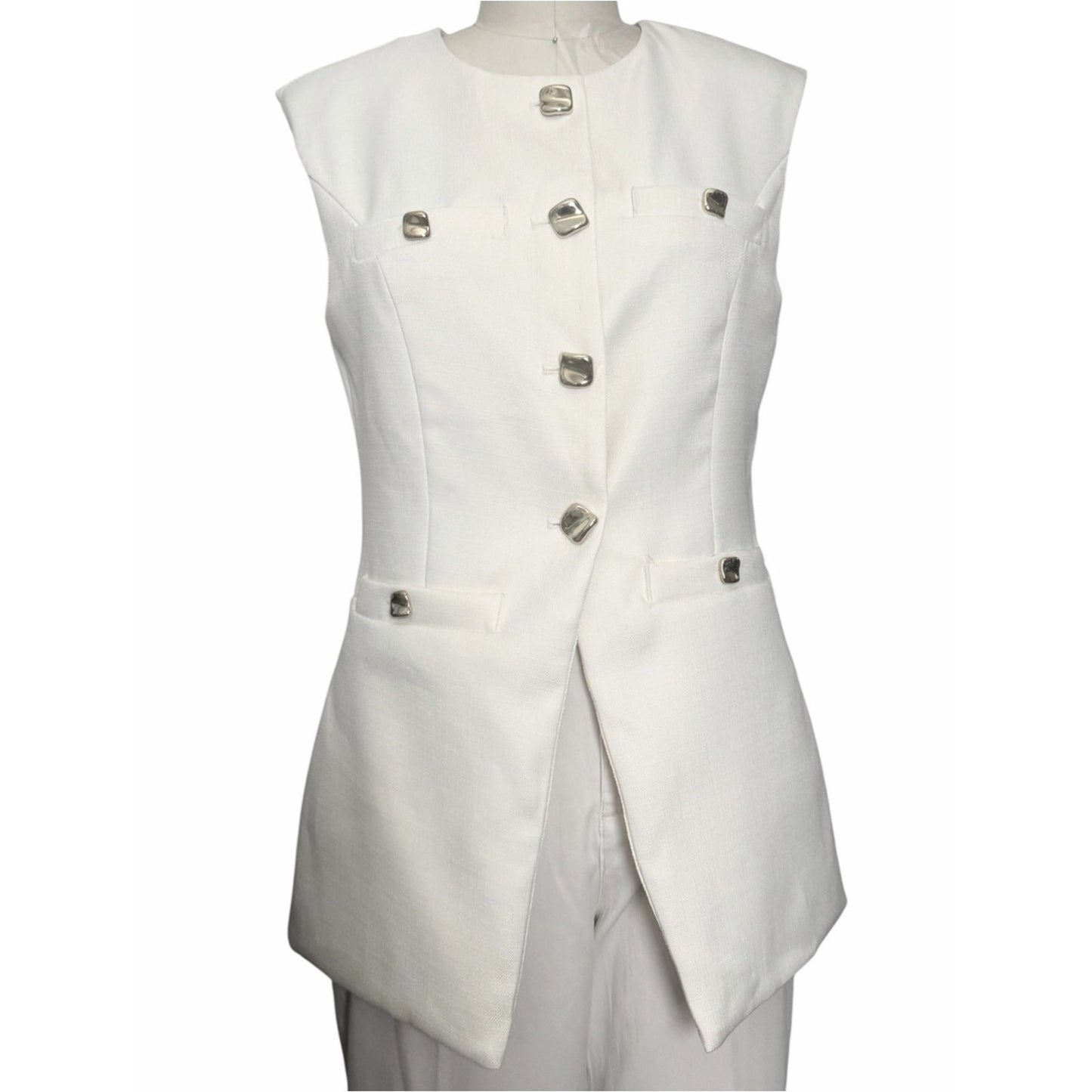 NWT Endless Rose Cream Tailored Long Vest Gold Button Blazer Vest Size Small
