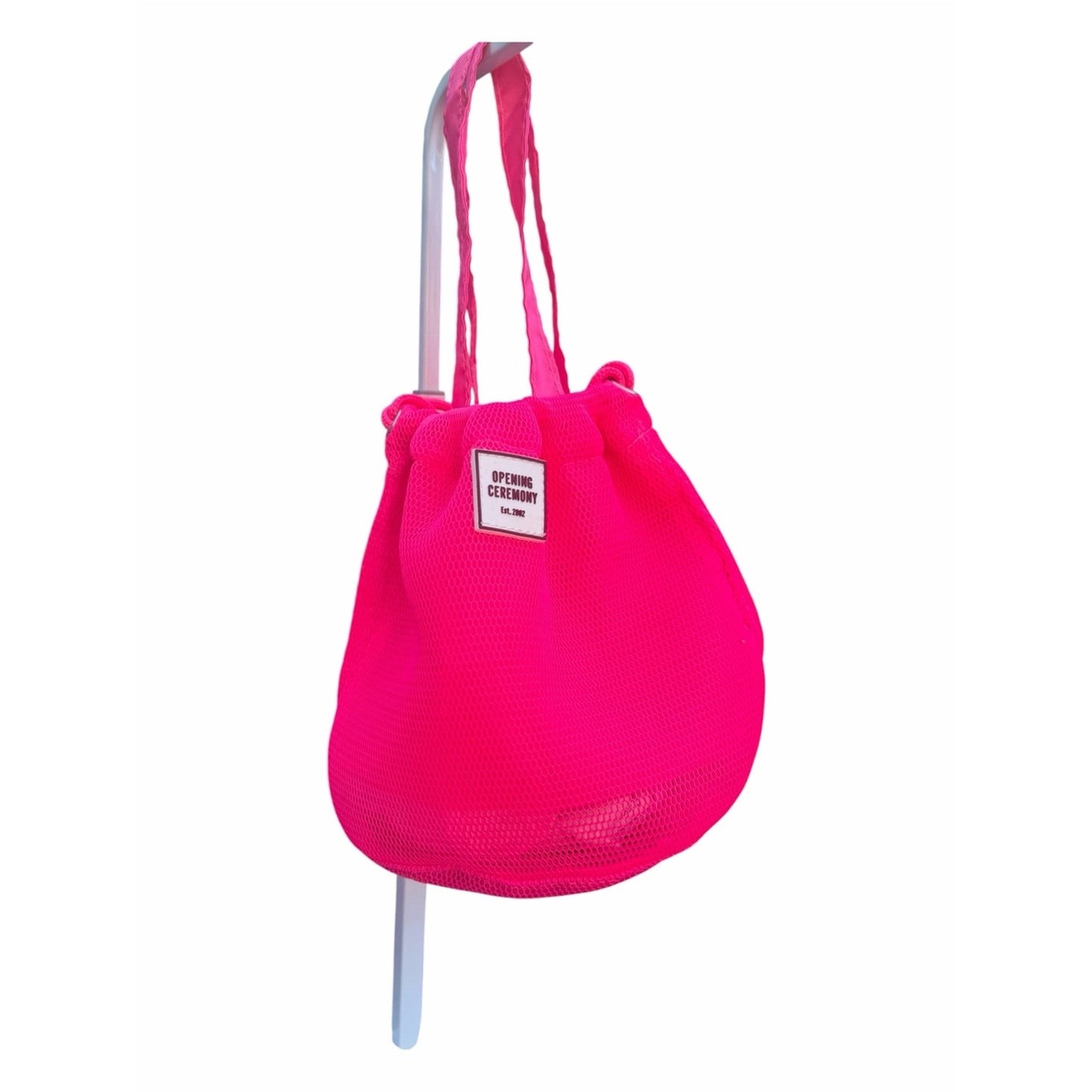 Opening Ceremony Neon Pink Mesh Drawstring Bucket Bag Crossbody Tote NWOT