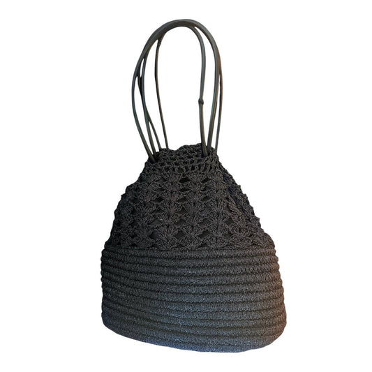 BTB Los Angeles Black Raffia Crochet Bucket Bag Lined Leather Strap Boho Tote