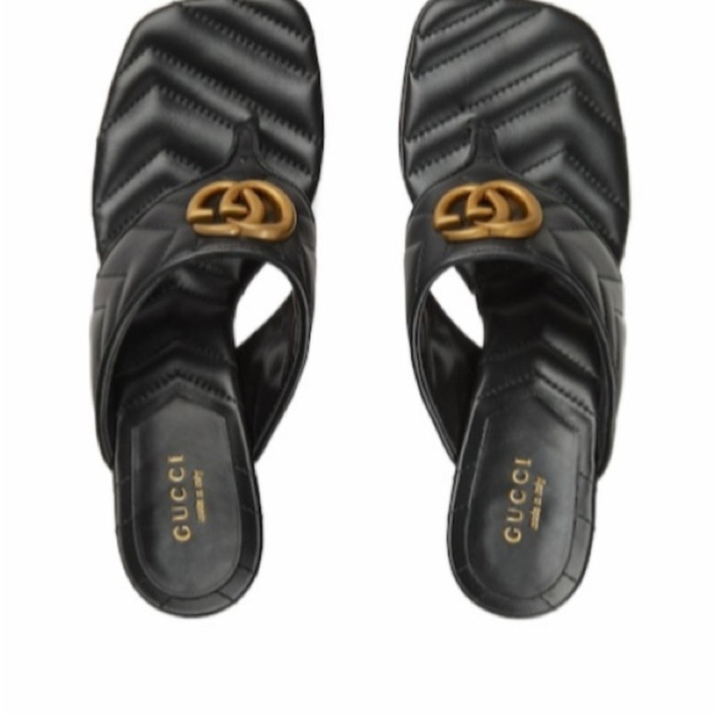 Authentic Gucci GG Marmont Quilted Leather Thong Heel Sandals Black Gold Size 7