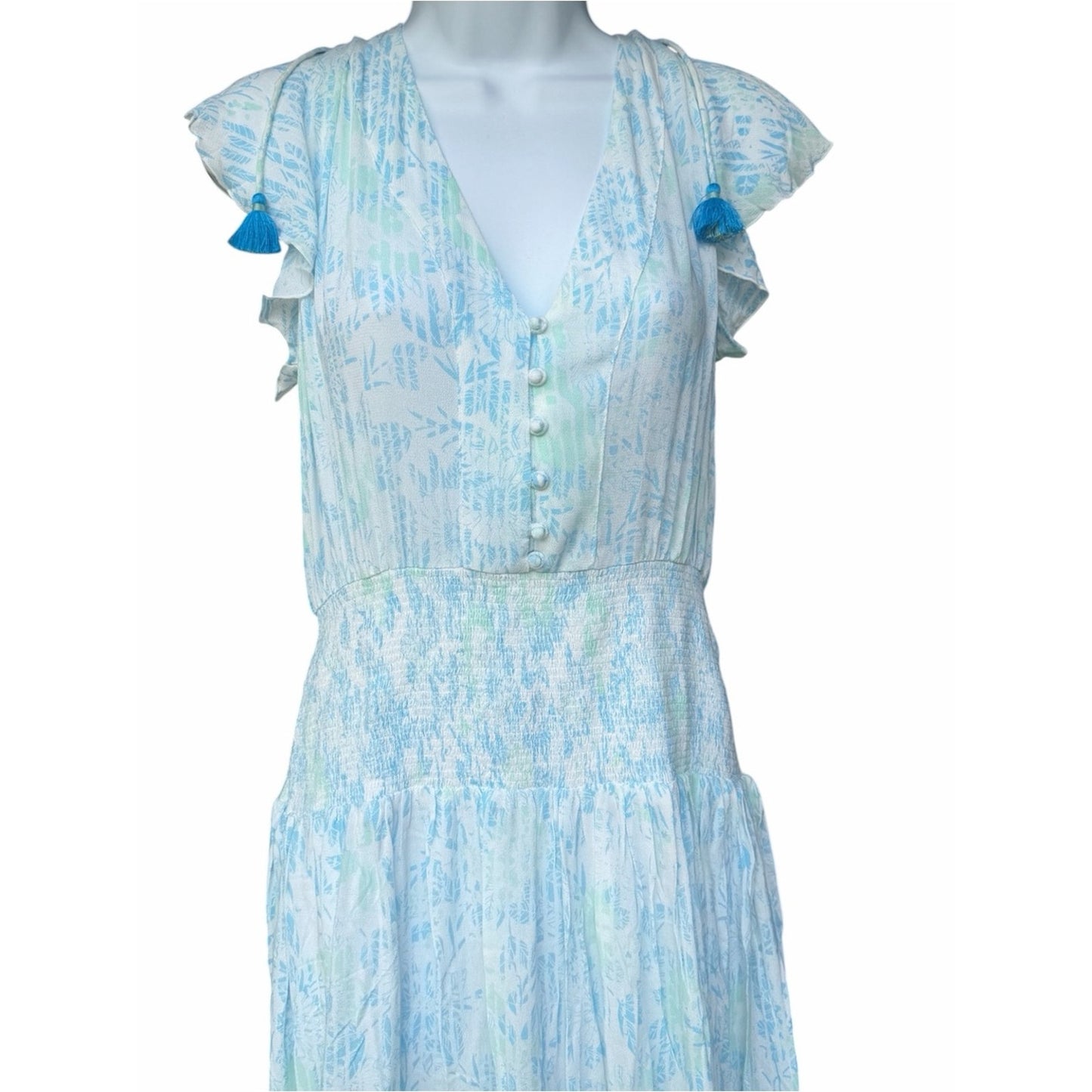 Poupette St Barth Rachel Smocked Mini Dress Sky Blue Breeze Blue Resort NWT L