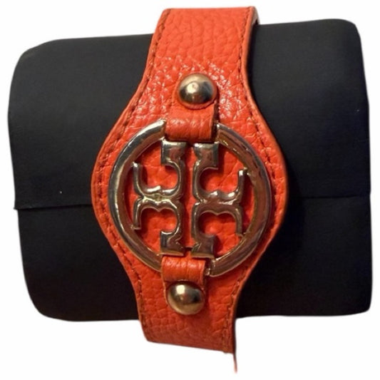 Vintage Tory Burch Orange Leather Cuff Bracelet Gold Tone Hardware