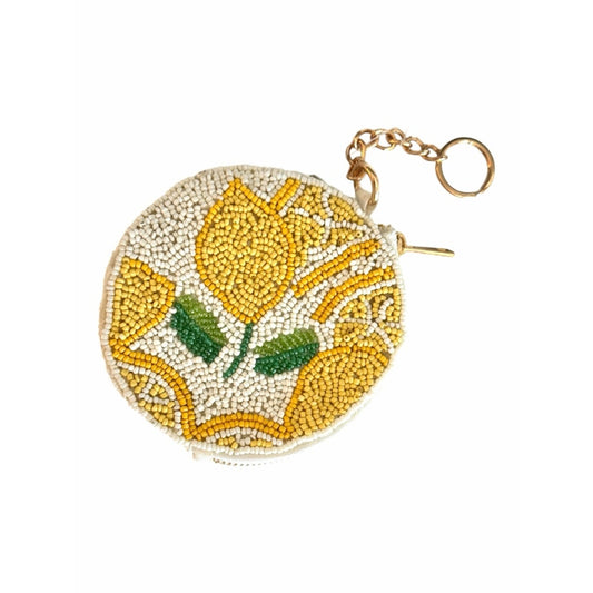 Beaded Lemon Coin Purse Round Zip Pouch Keychain Wristlet Style NWT Summer