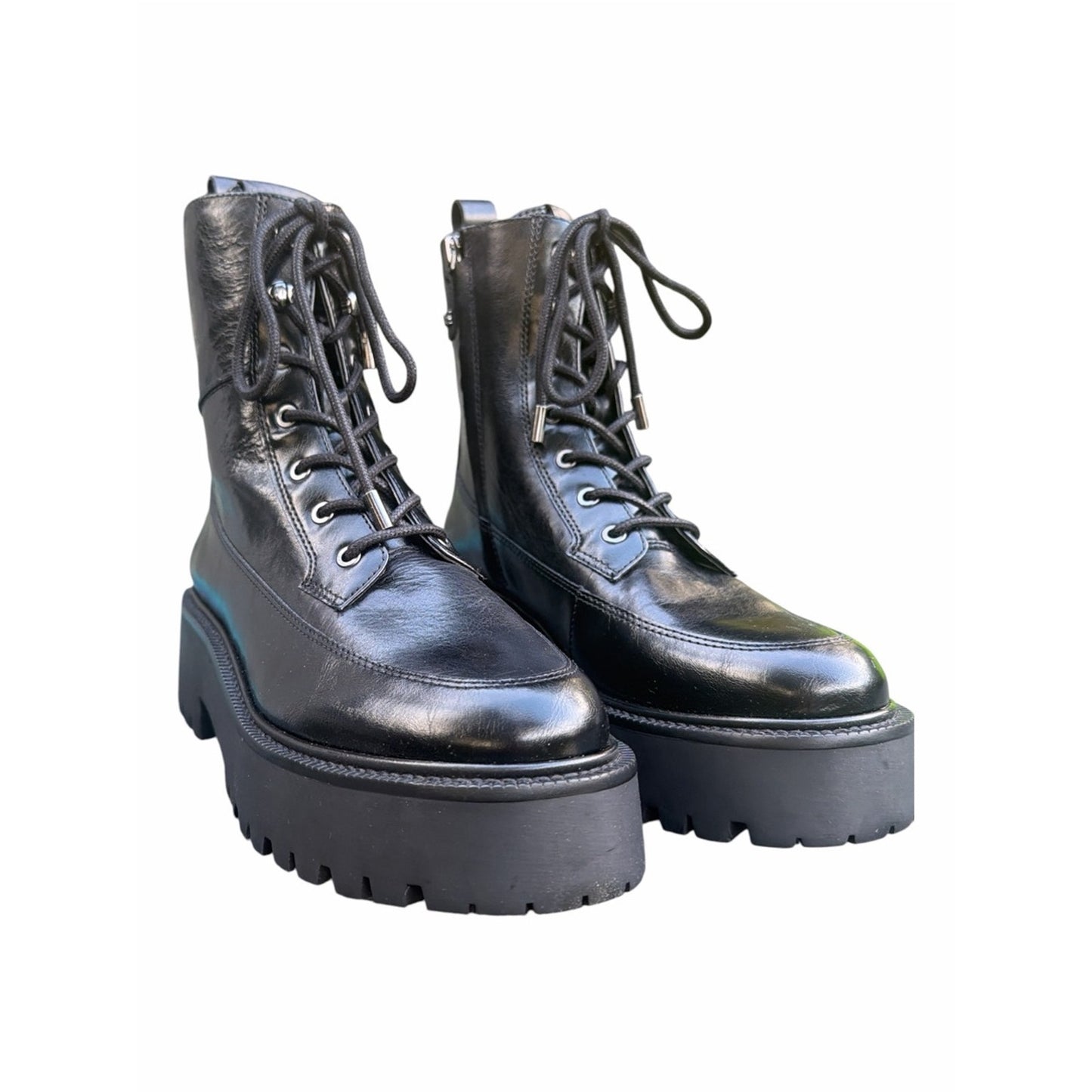 Sam Edelman Elliott Black Leather Platform Combat Boots Lug Sole NIB Size 8