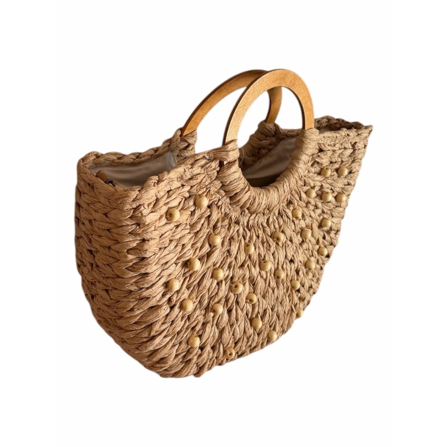 Style & Co Straw Beaded Tote Wooden Handle Crossbody Beach Boho Summer Bag