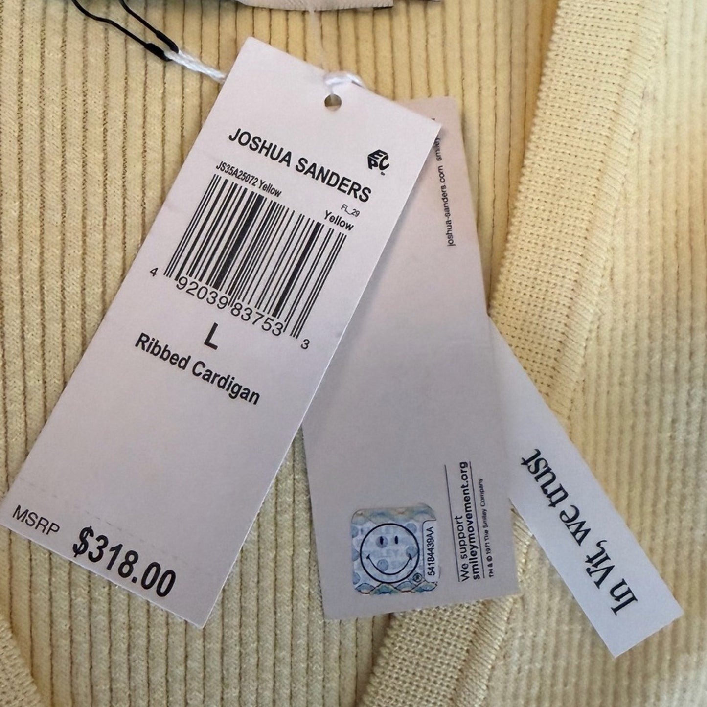 Joshua Sanders Smiley Ribbed Cardigan - Butter Yellow - Size L - NWT