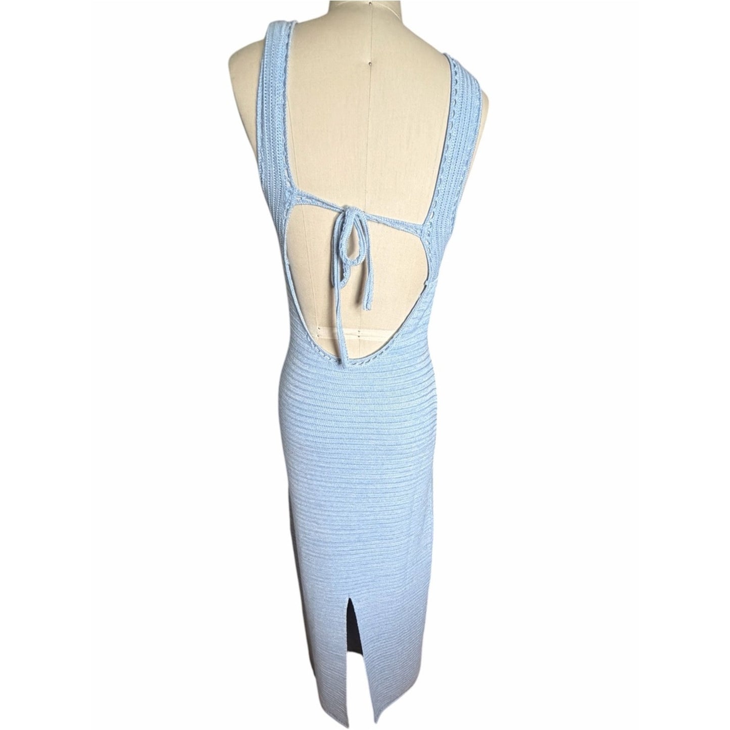 Torn by Ronny Kobo Madi Crochet Knit Maxi Dress Light Sky / White NWT Size L
