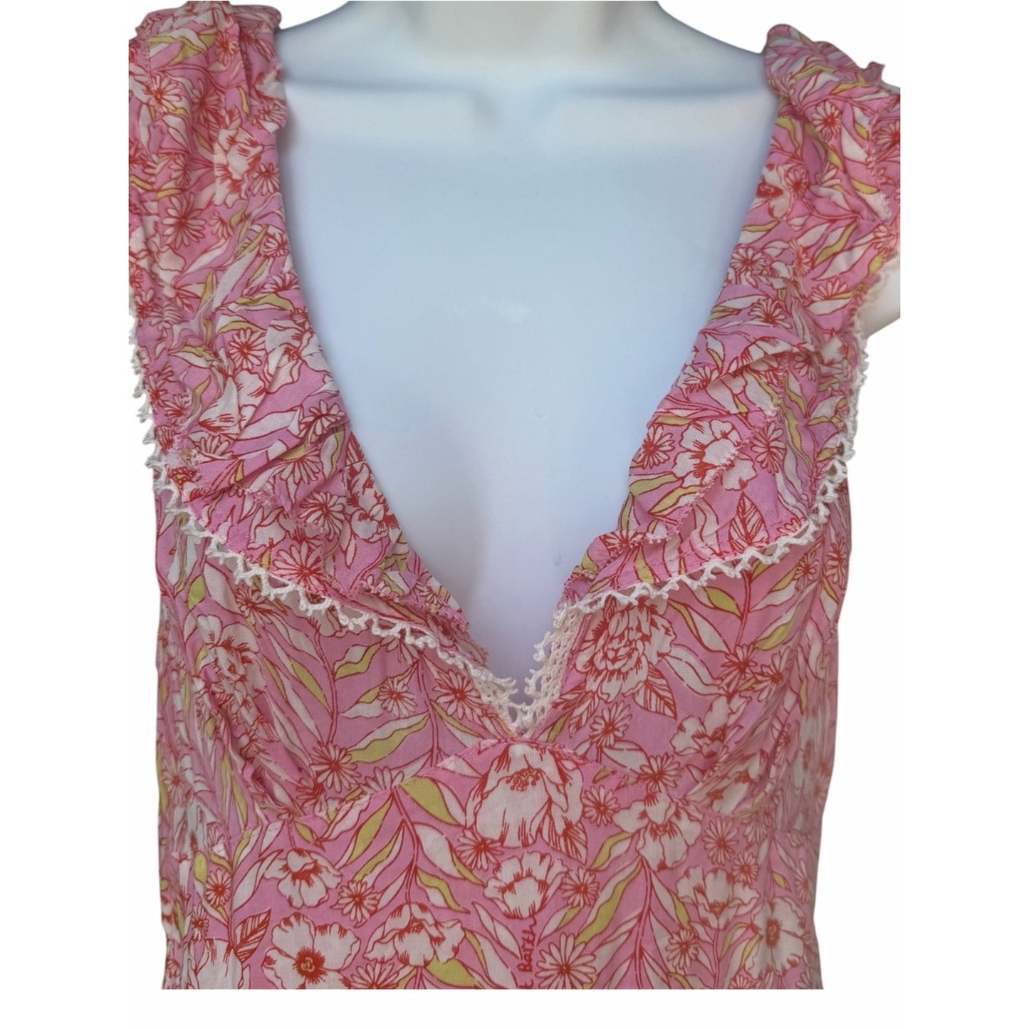 Poupette St. Barth Bruna V Mini Dress – Pink Garland Flowers – Size Large