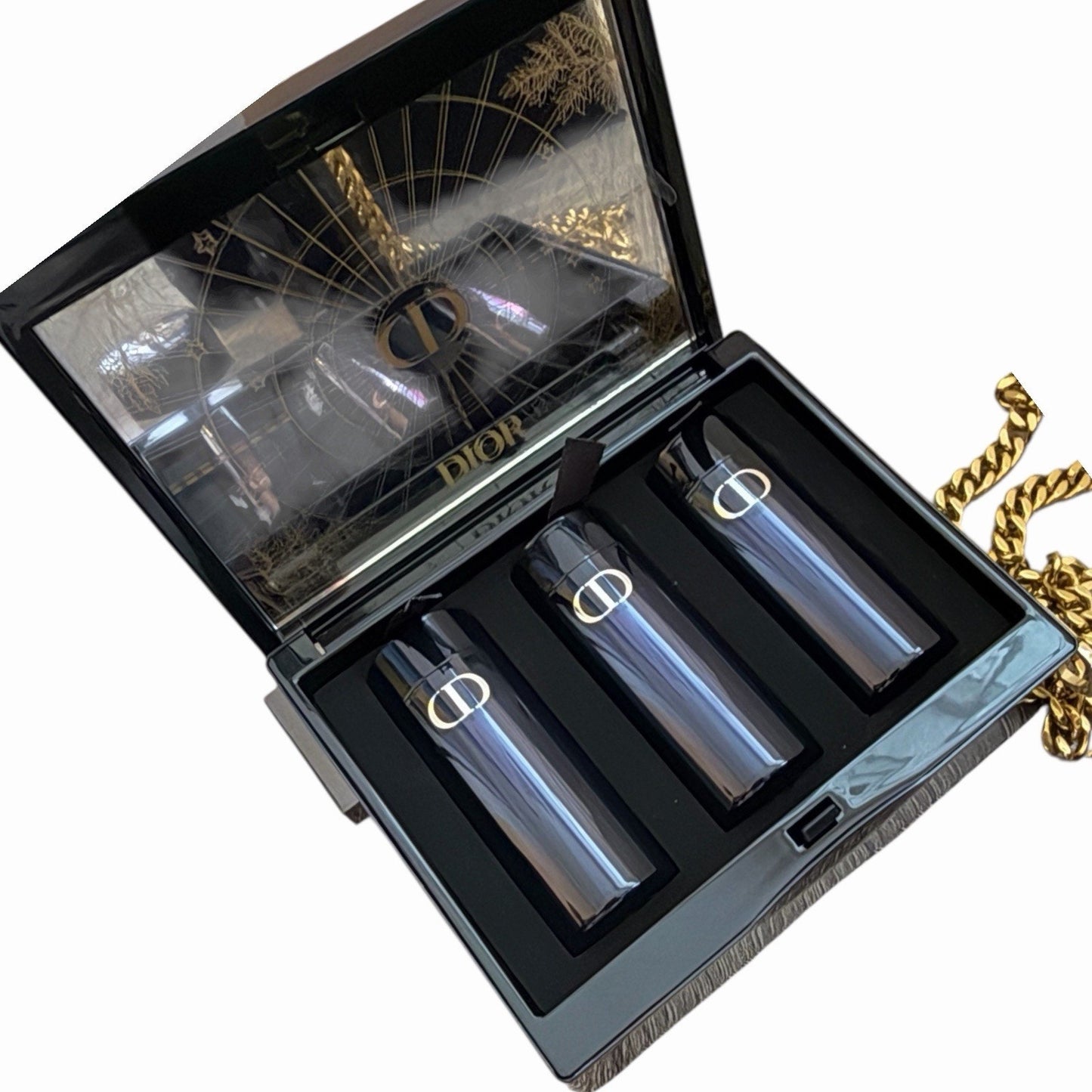 Dior Acrylic Lipstick Clutch Set w Chain + 4 Lipsticks + Duster + Box