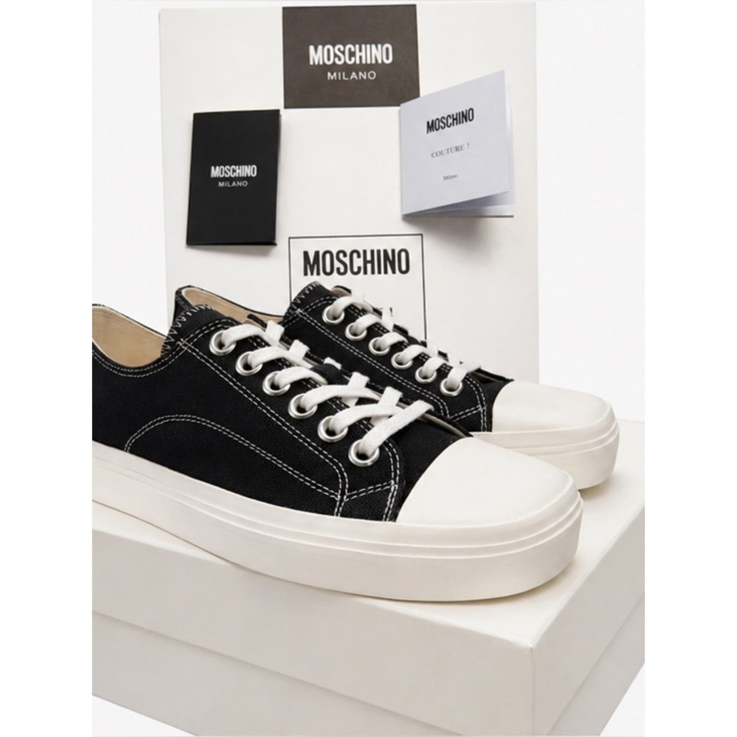 Moschino Couture Milano Platform Sneakers Black Canvas Low Top NIB $560 Size 37
