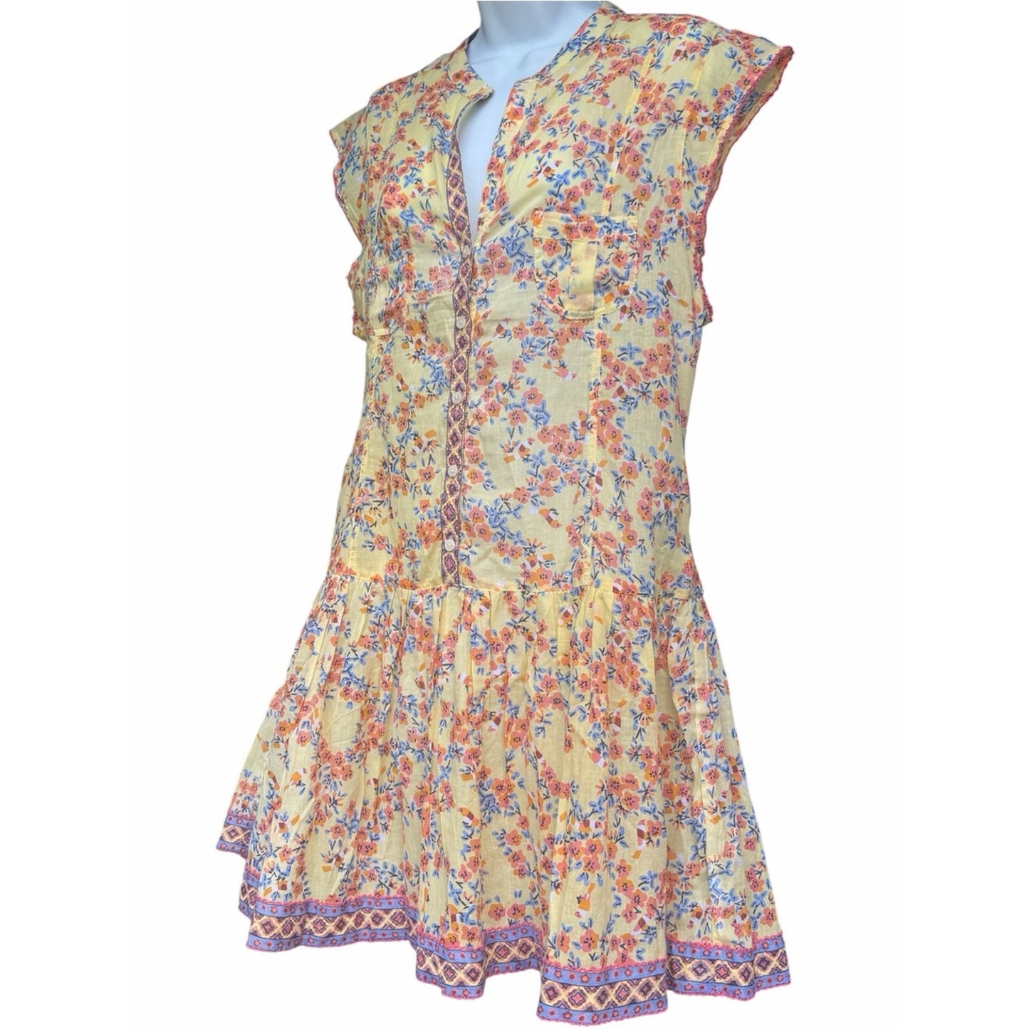 Poupette St. Barth Amora Drop Waist Cotton Mini Dress NWT Yellow Kookoo Bird M