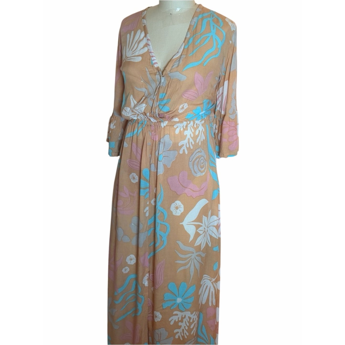 Tiare Hawaii Surry Maxi Dress NWT Brown Aqua Floral Size s/m