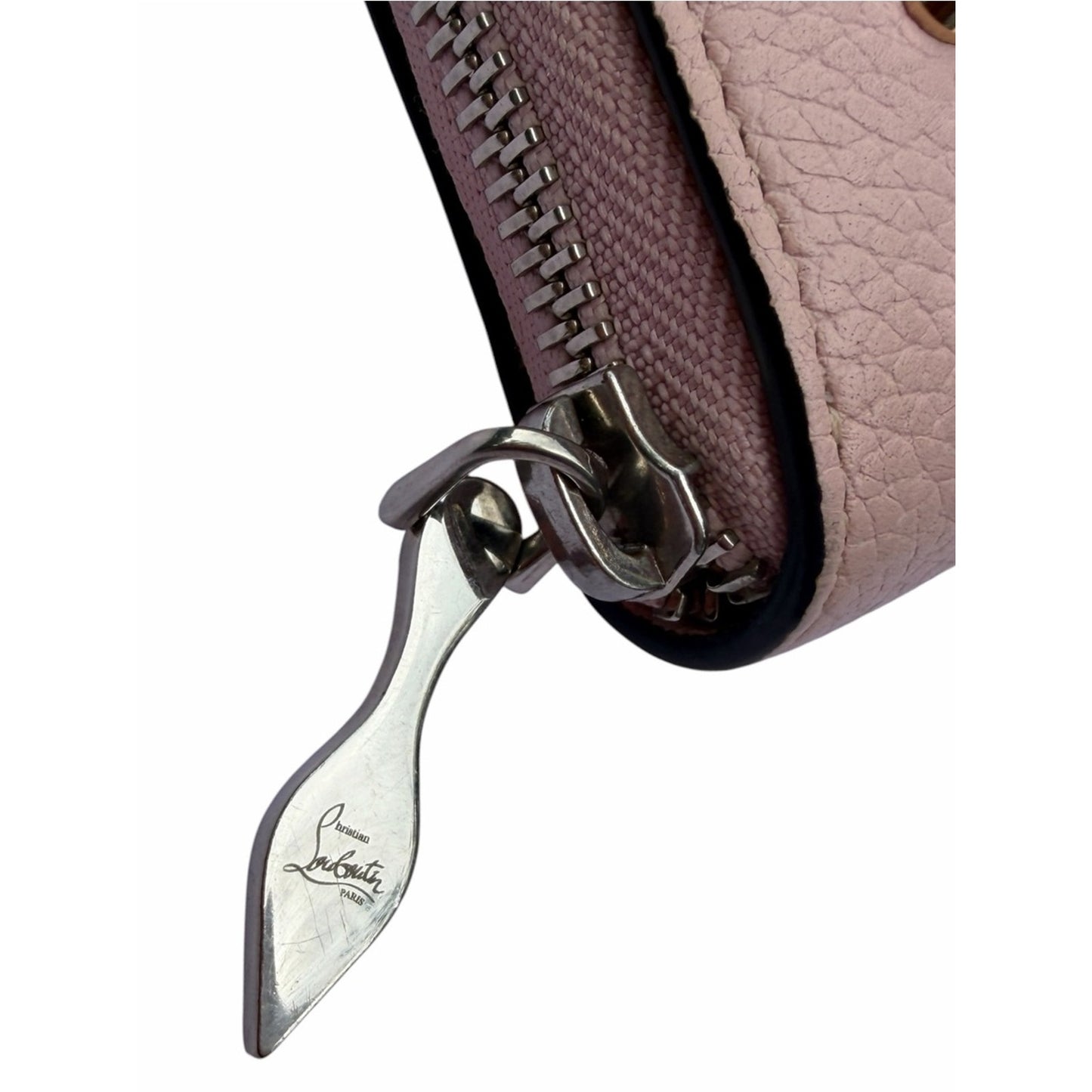 Christian Louboutin Blush Pink Studded Zip Around Coin Card Wallet W/Red Charm