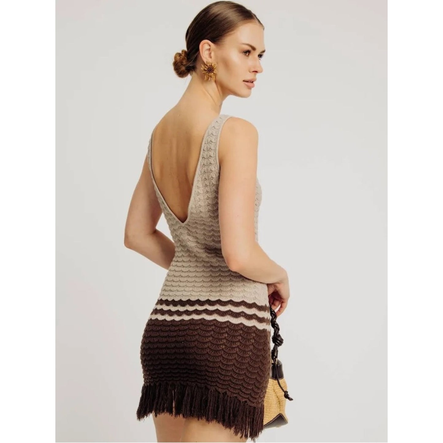 Torn by Ronny Kobo Sand & Cocoa Fringe Knit Dress Medium NWT Coastal Luxury