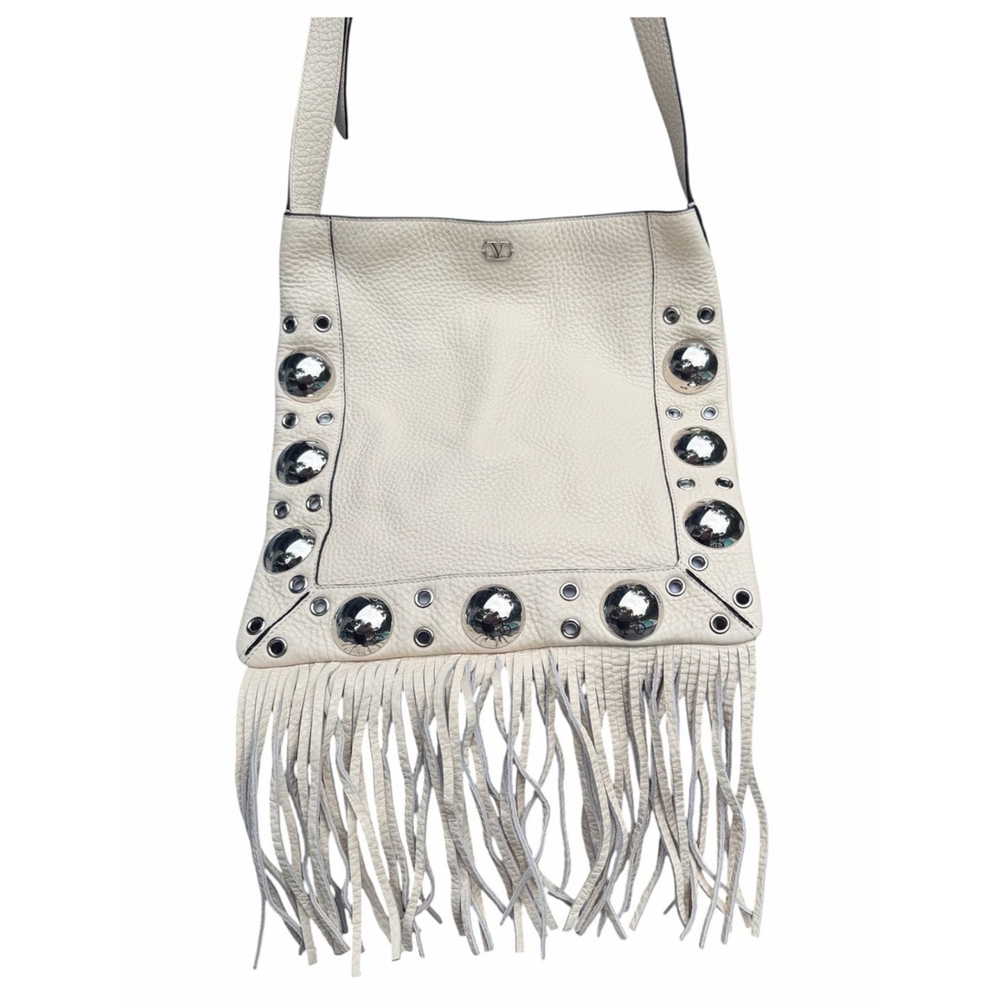 VALENTINO GARAVANI NELCOTE Ivory Leather Fringe Studded Shoulder Bag NWT