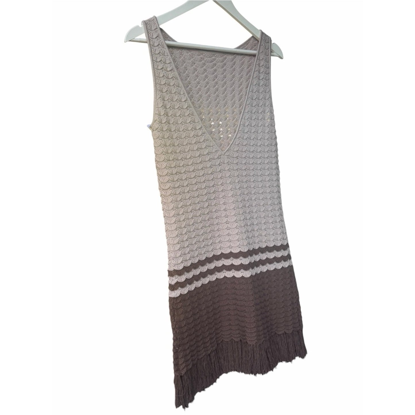 Torn by Ronny Kobo Sand & Cocoa Fringe Knit Dress Medium NWT Coastal Luxury