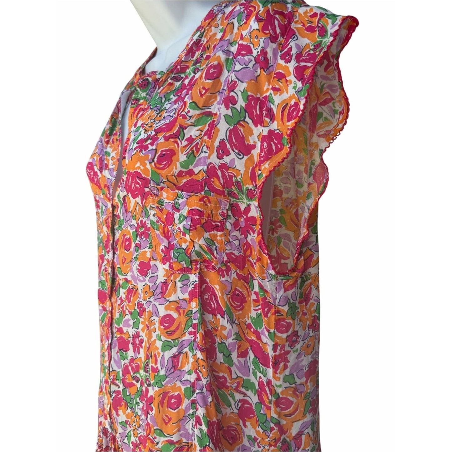 Poupette St. Barth Amora Mini Dress Orange Rose Floral NWT Large Button Front
