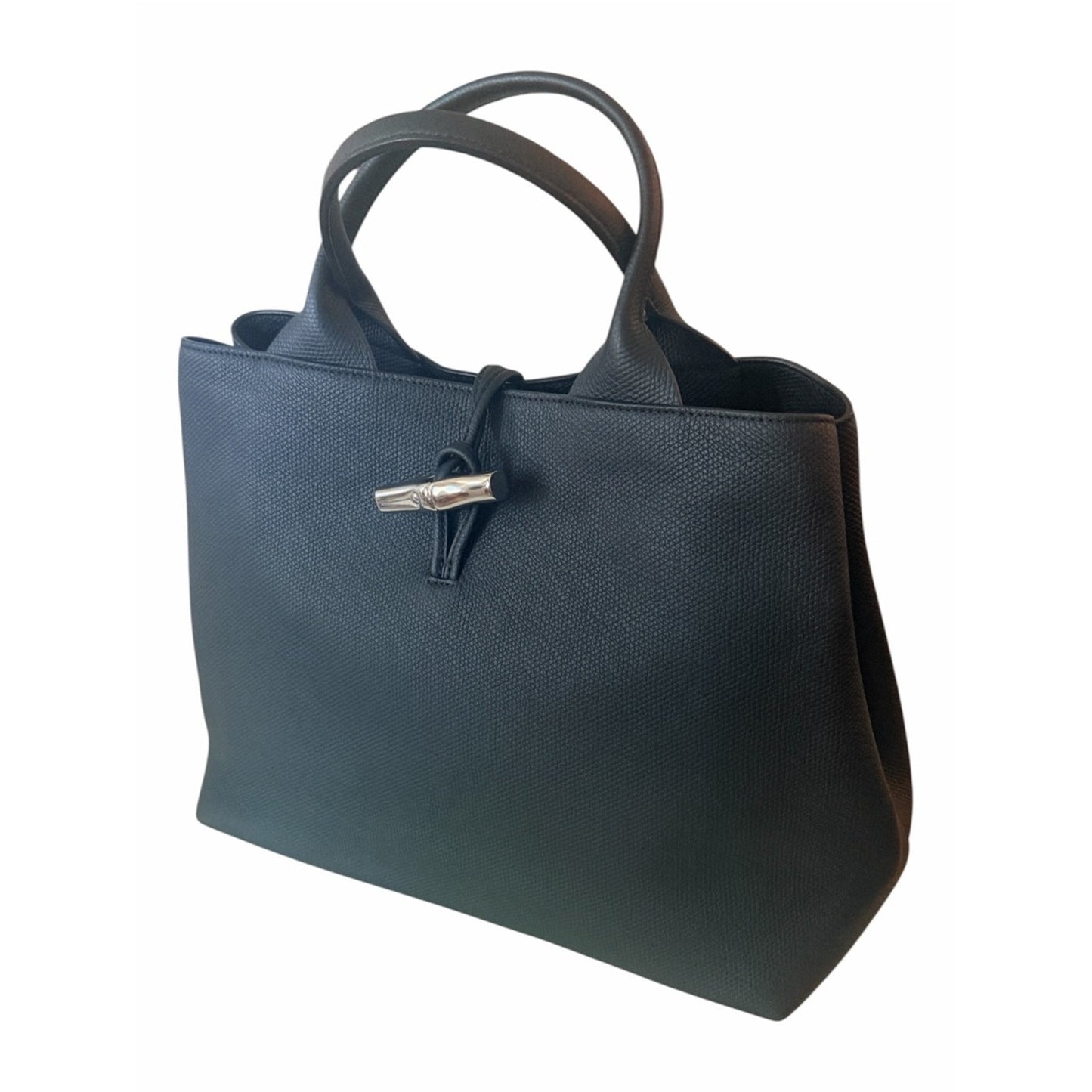 NEW Longchamp Le Roseau L Black Grained Leather Tote Handbag 10290HFP001