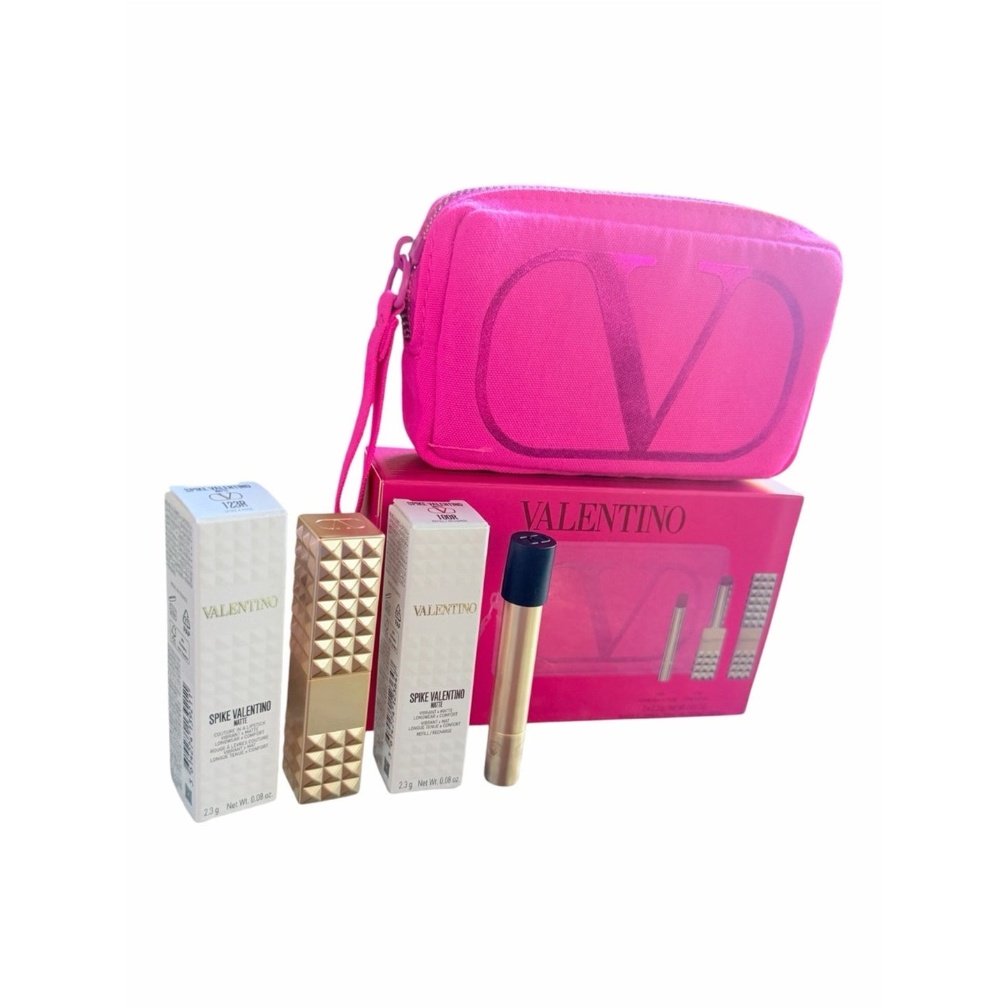 Valentino Spike Matte Lipstick 123R 100R Refill Pink VLogo Pouch Gift Set NIB