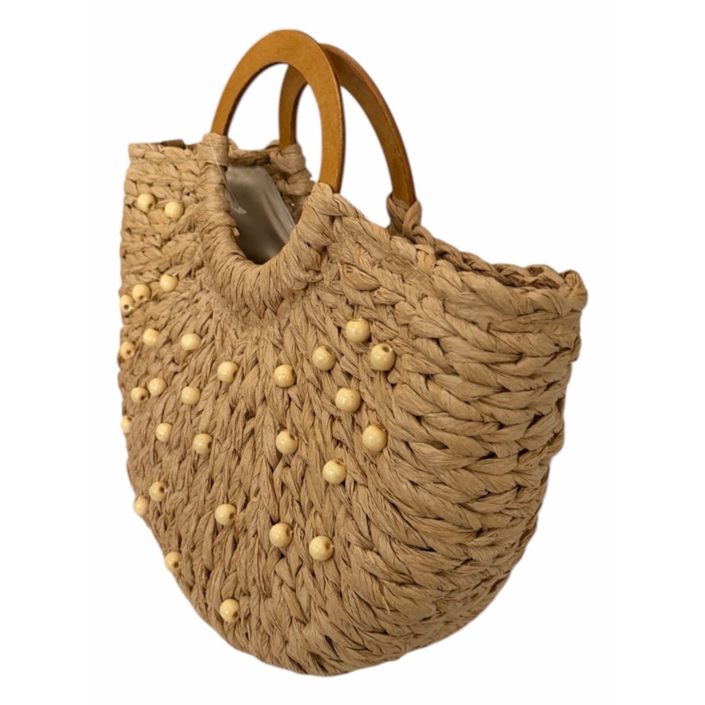 Style & Co Straw Beaded Tote Wooden Handle Crossbody Beach Boho Summer Bag