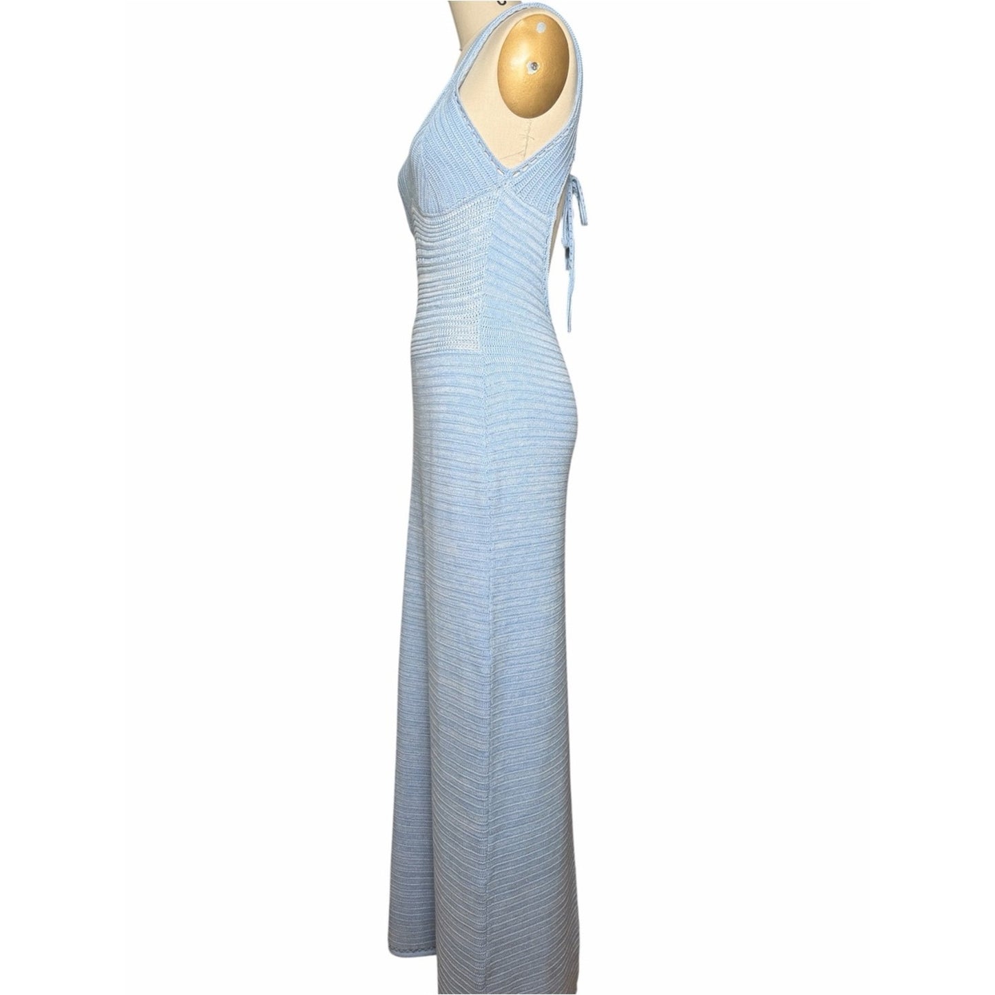 Torn by Ronny Kobo Madi Crochet Knit Maxi Dress Light Sky / White NWT Size L