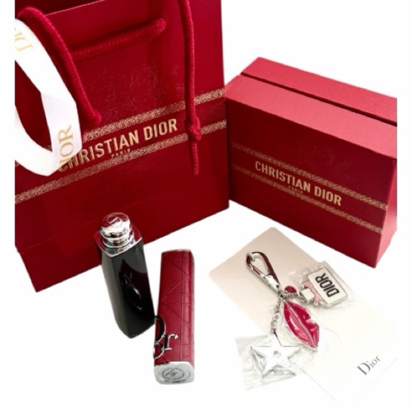 Dior Gift Set -Silver and Pink Keychain-Lip Case - Addict Lip Shine-Box-Bag New