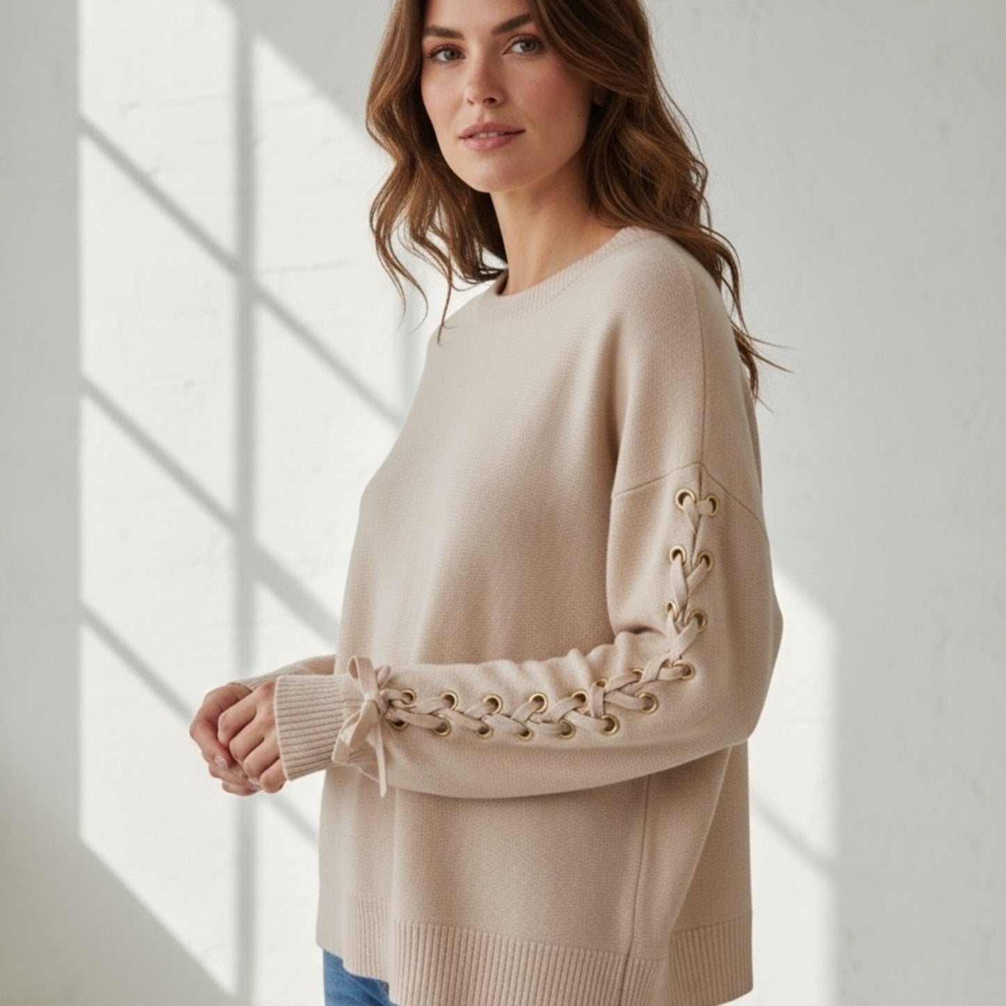 Elie Tahari Ivory Sweater with Lace-Up Sleeves NWT Size Large
