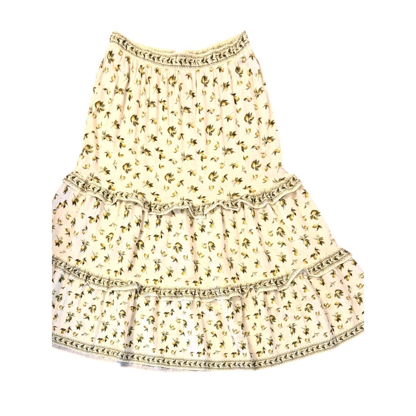 MAX STUDIO London Lemon Citrus Tiered Boho Maxi Skirt XL Coastal Grandma Vibe