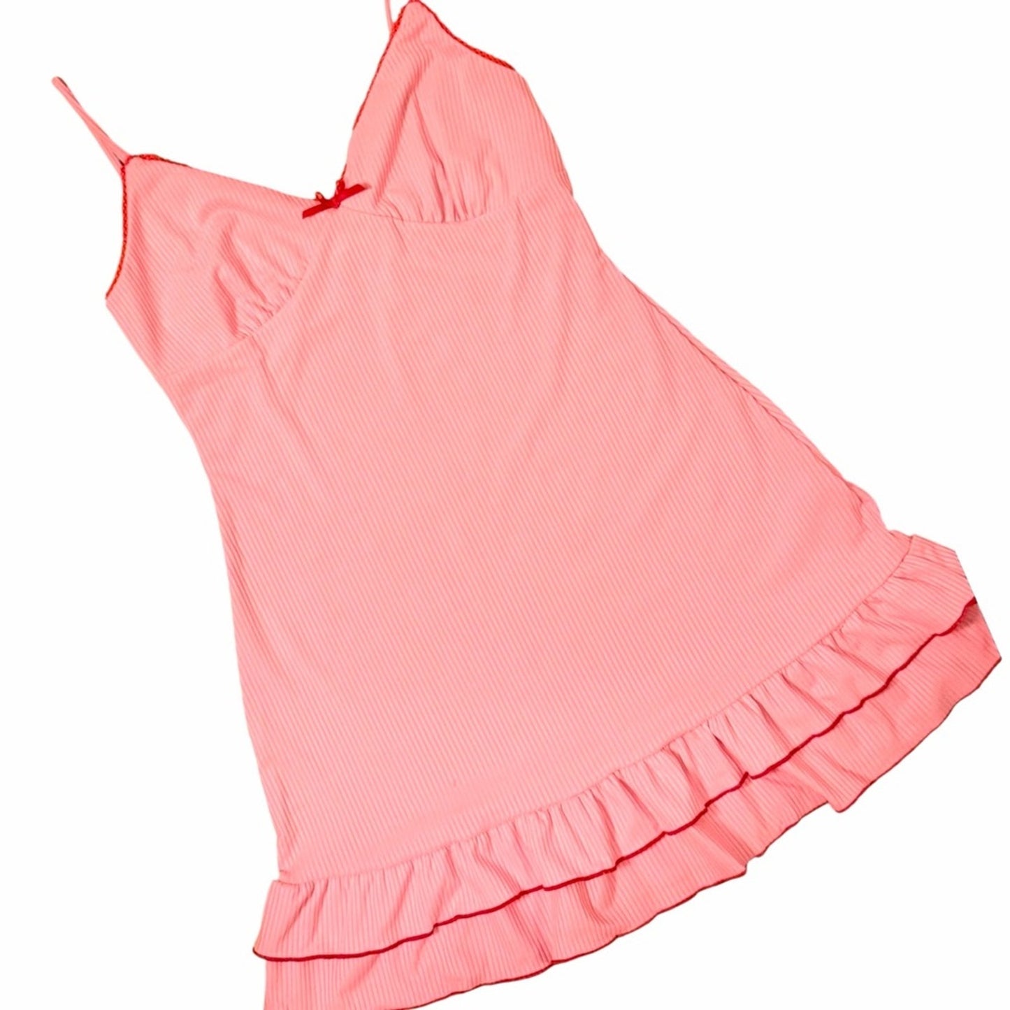 Pink Ribbed Ruffle Hem Mini Dress Cami Slip Coquette Y2K Size M