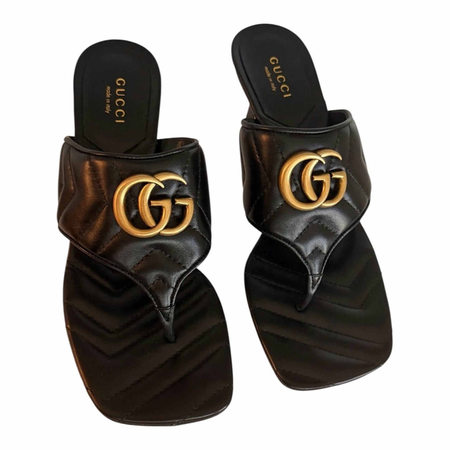 Authentic Gucci GG Marmont Quilted Leather Thong Heel Sandals Black Gold Size 7