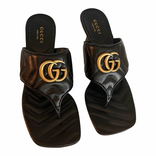 Authentic Gucci GG Marmont Quilted Leather Thong Heel Sandals Black Gold Size 7
