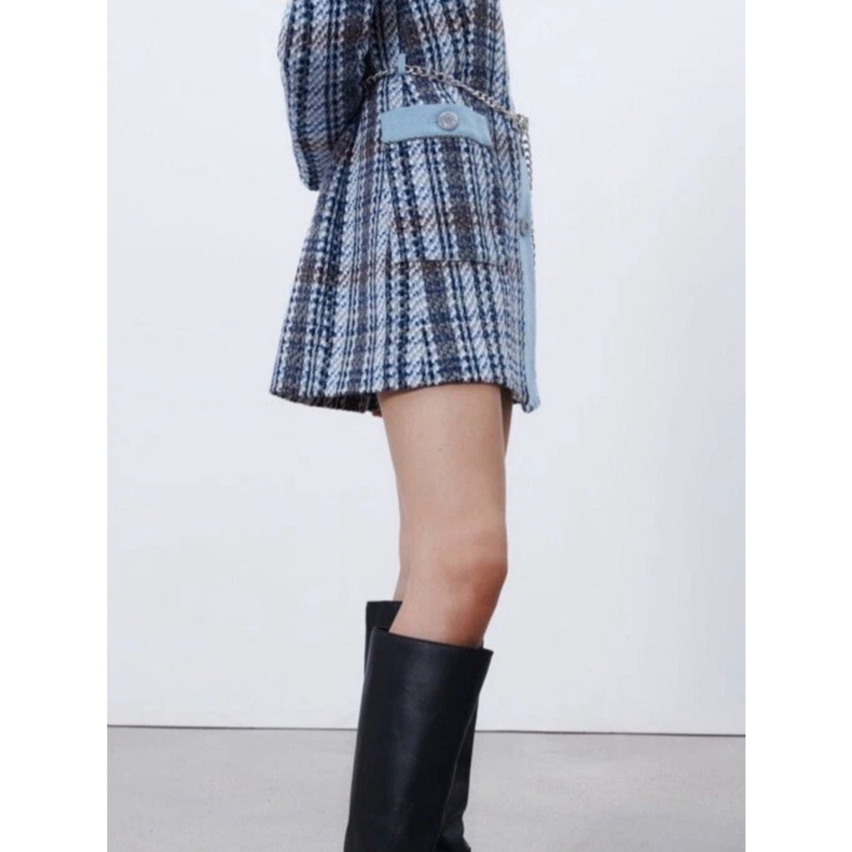 Zara Tweed &  Denim Chain Belted Longline Blazer Dress Size L EUC