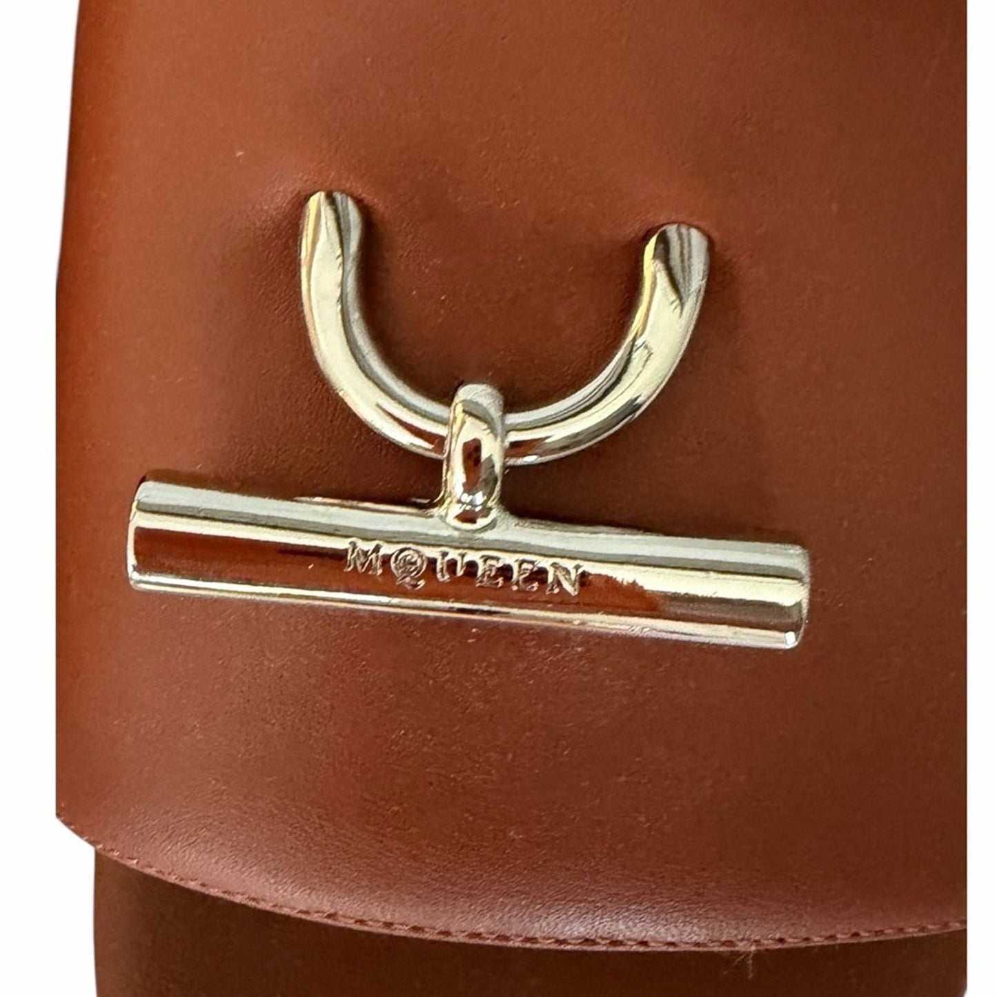 Alexander McQueen T Leather Cognac W/ Gold hardware Slide Sandals Size 38