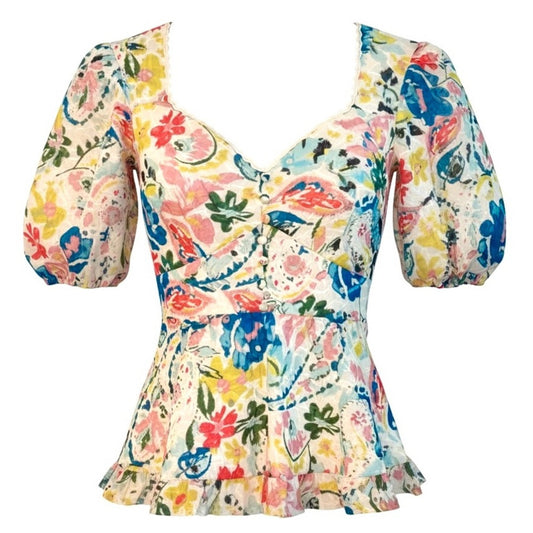 Elie Tahari Romantic Floral Eyelet Peplum Puff Sleeve Designer Top NWT Size 10