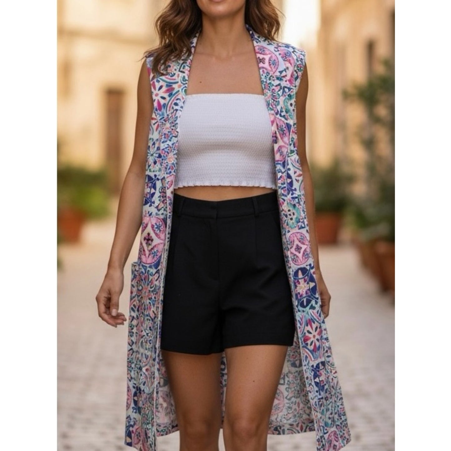 Hermoza Martina Dress NWT Large Mosaico Tile Print Sleeveless Blazer Vest Dress