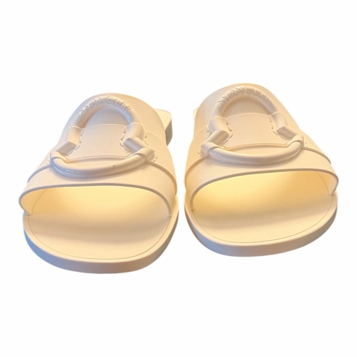 Moncler Mon Slide Sandals Cream Size 37 NIB Logo Minimalist Luxury Made in Italy
