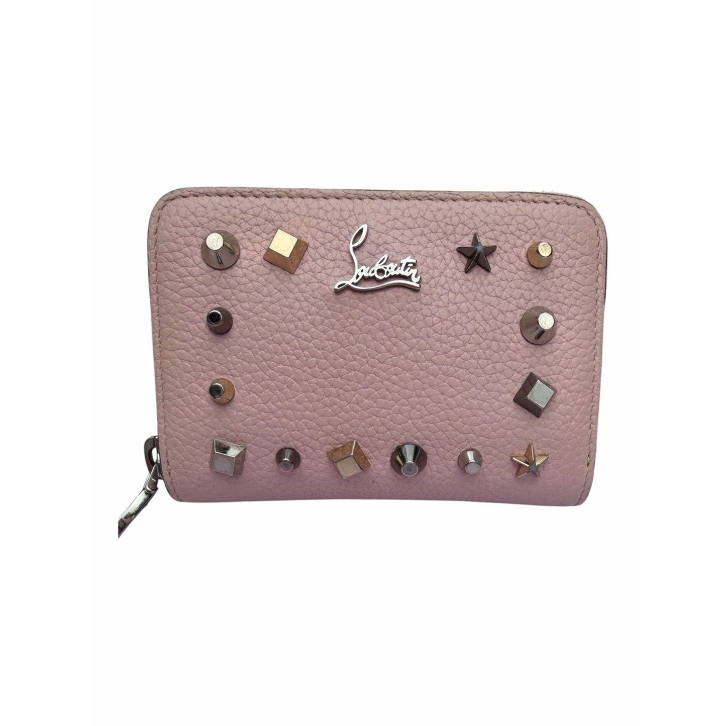 Christian Louboutin Blush Pink Studded Zip Around Coin Card Wallet W/Red Charm