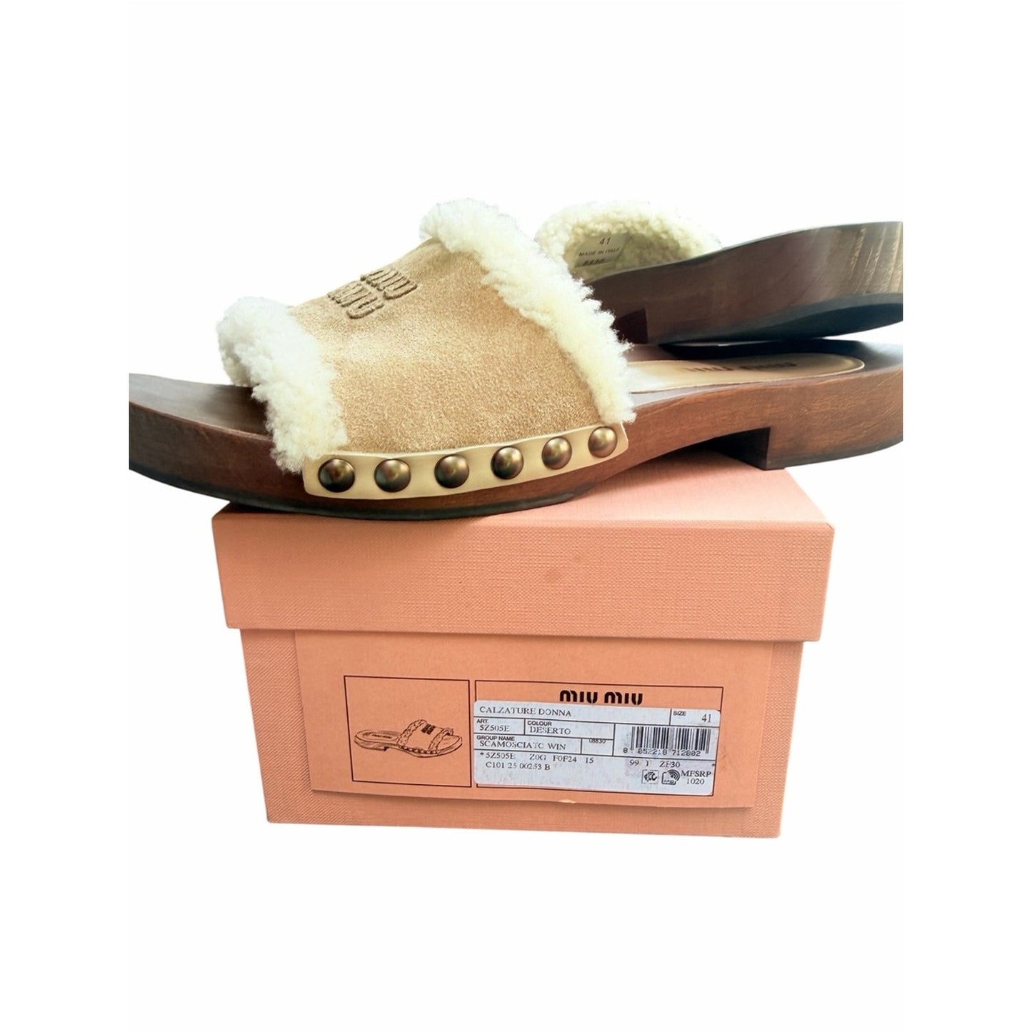 Miu Miu Suede Shearling Wooden Clog Slide Sandals Deserto 41 NIB