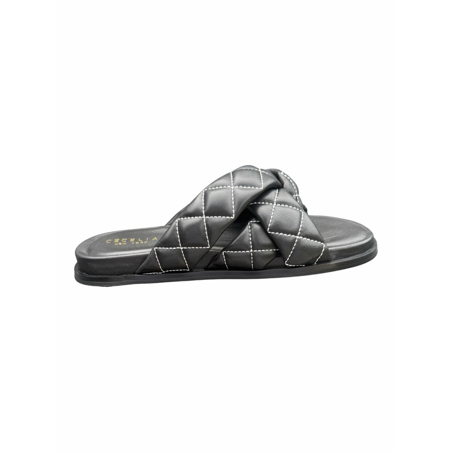 Cecelia New York Ellie Quilted Braided Leather Slide Sandals Black  5.5 New With Box
